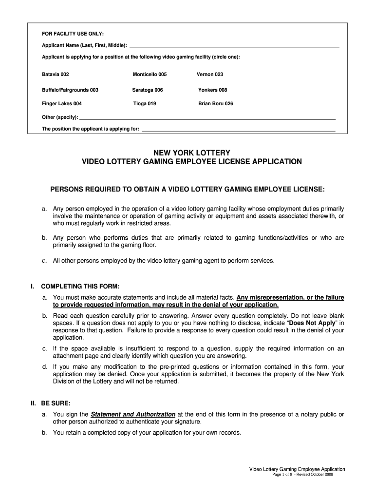 ny lottery video lottery gaming employee license application form Preview on Page 1