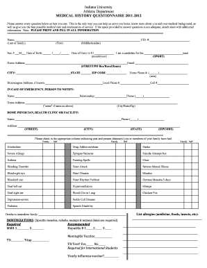 Indiana University Medical History Questionnaire