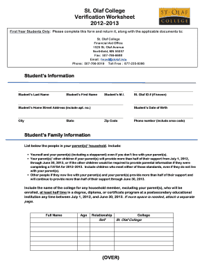 St. Olaf College Verification Worksheet