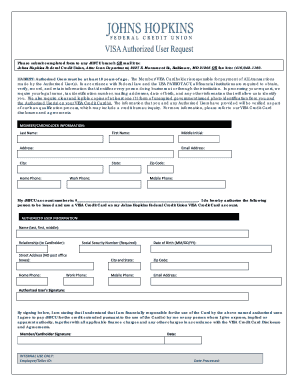 Johns Hopkins VISA Credit Card Authorized User Form