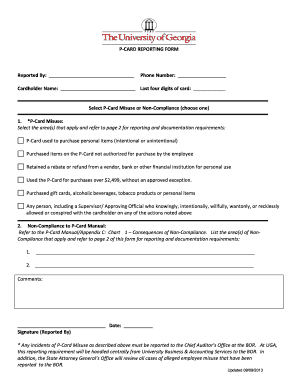 Fillable Online busfin uga P-CARD REPORTING FORM Reported By: Phone ...