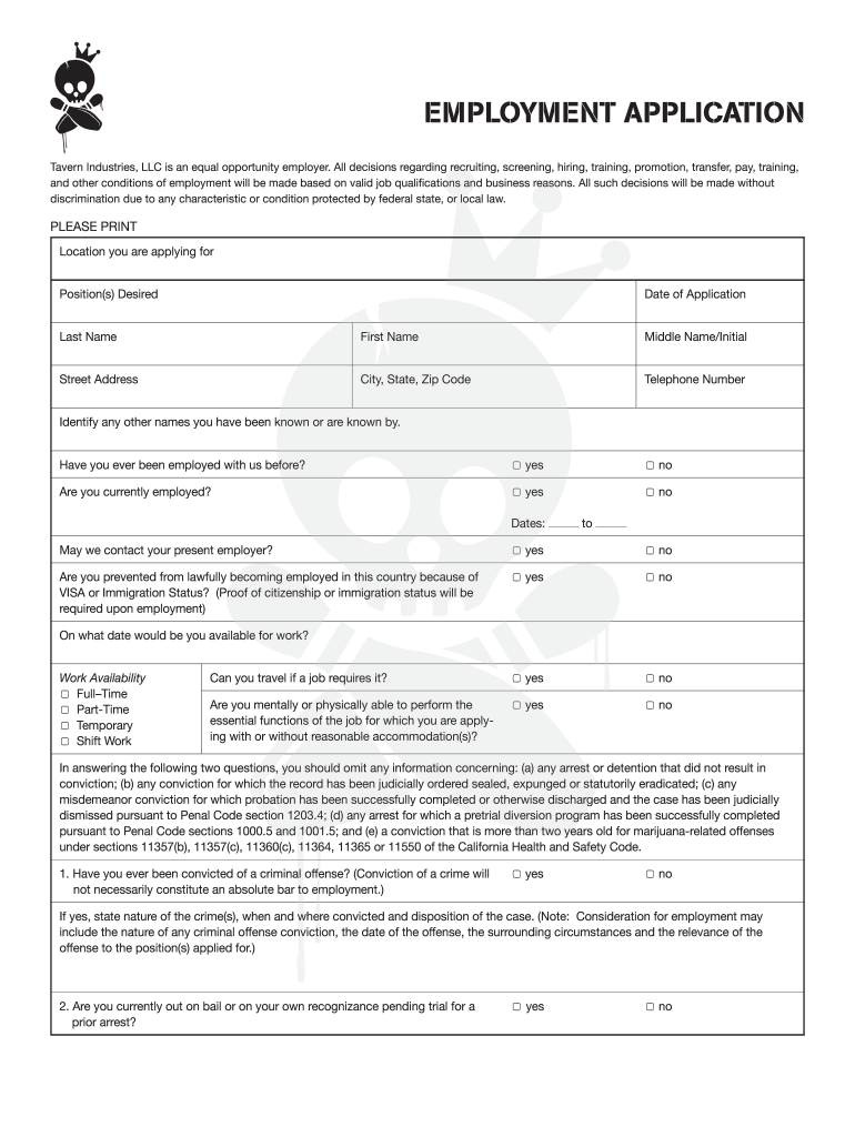 EMPLOYMENT APPLICATION - Tavern+Bowl Preview on Page 1