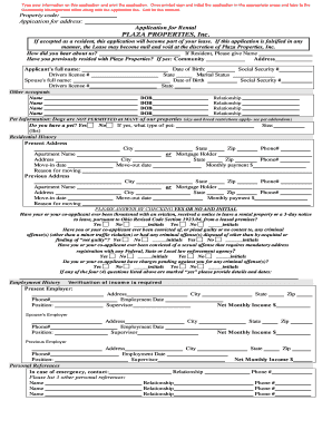 Plaza Properties Rental Application