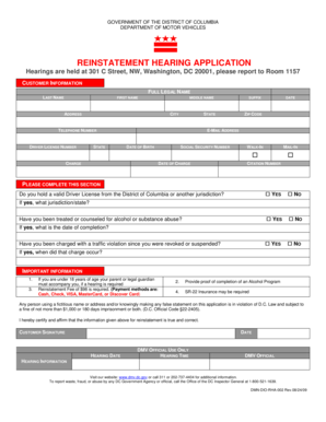DC Reinstatement Hearing Application
