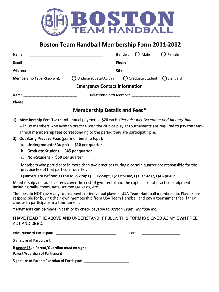 Boston Team Handball Membership Form 2011-2012 - bostonteamhandball Preview on Page 1