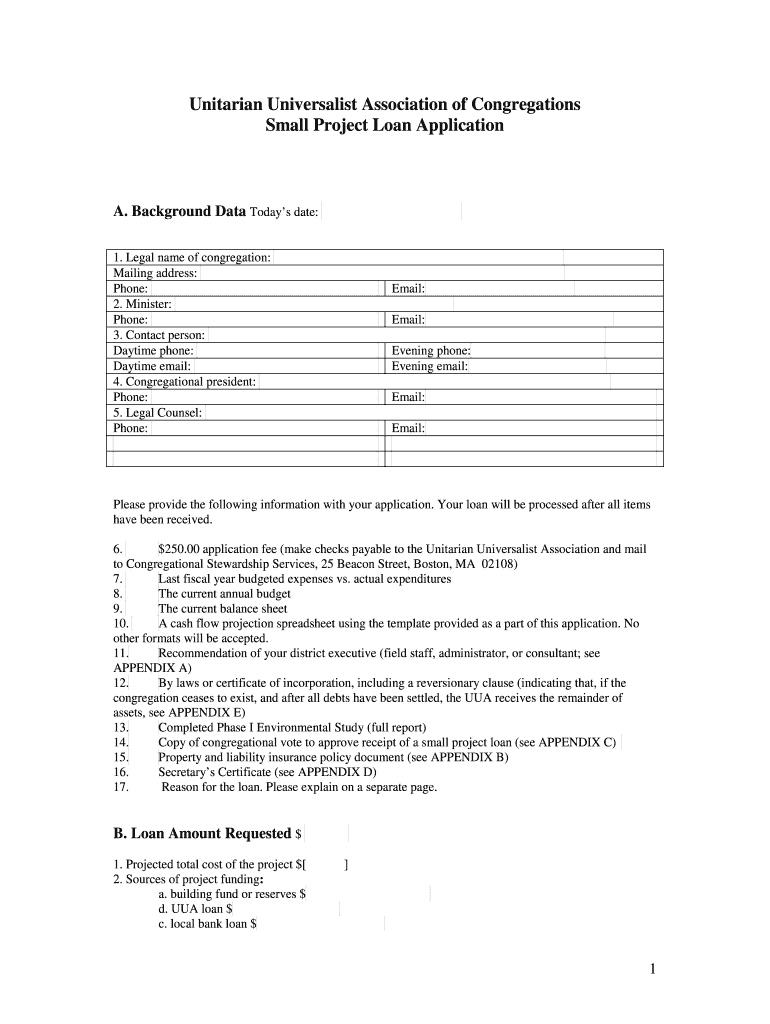 Small Projects Loan Application - Unitarian Universalist Association - uua Preview on Page 1