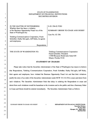 Cease and desist example - Teleking Communcations Corp-Summary Order. Teleking Communcations Corp-Summary Order - dfi wa