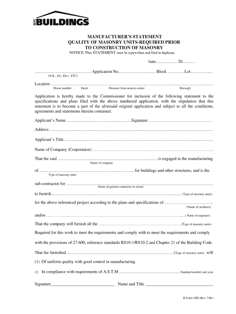 B Form 10 H - MANUFACTURER'S STATEMENT ... - NYC.gov - nyc Preview on Page 1