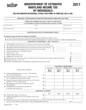 Maryland 2011 Income Tax Underpayment Form