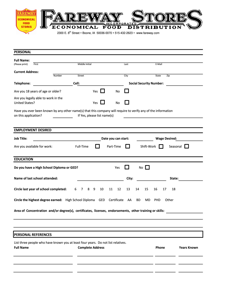 fareway application form Preview on Page 1