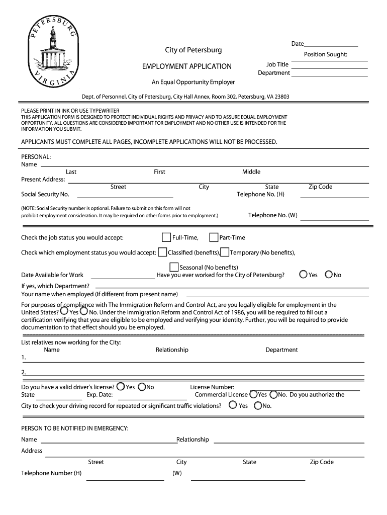 Job Application - City of Petersburg Preview on Page 1