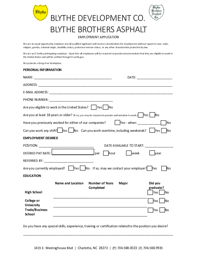 APPLICATION FOR EMPLOYMENT - Blythe Development Co Preview on Page 1