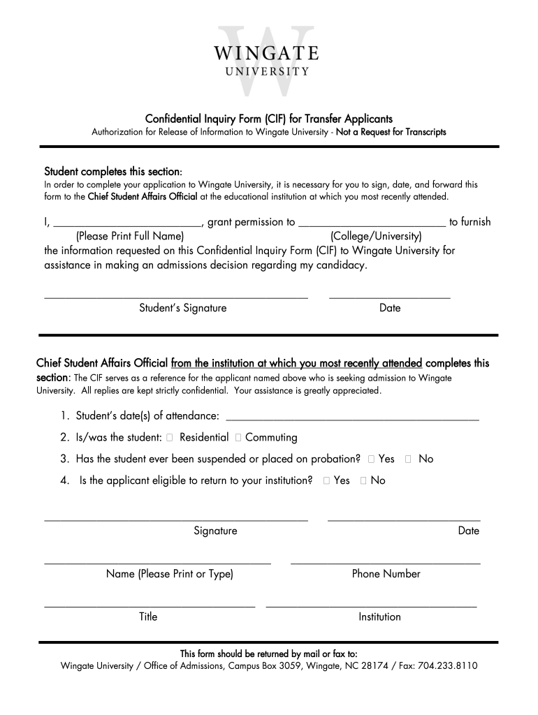 Fillable Online wingate Confidential Inquiry Form Wingate University wingate Fax Email Print