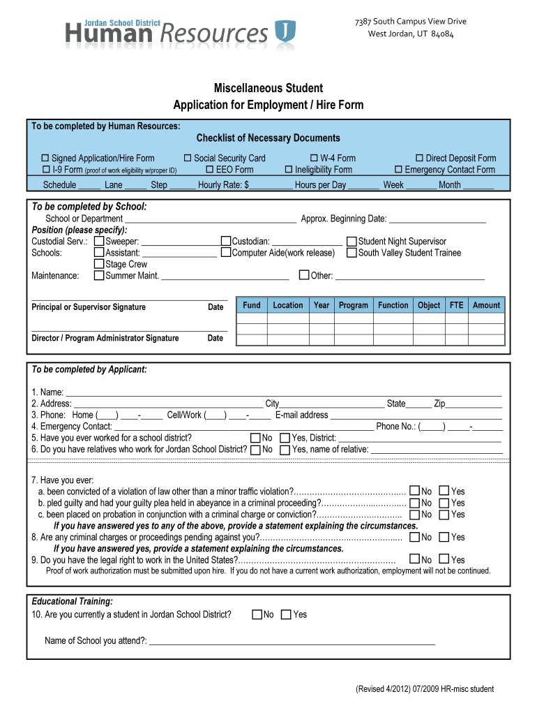 Miscellaneous Student Application Hire Form - Jordan School Preview on Page 1