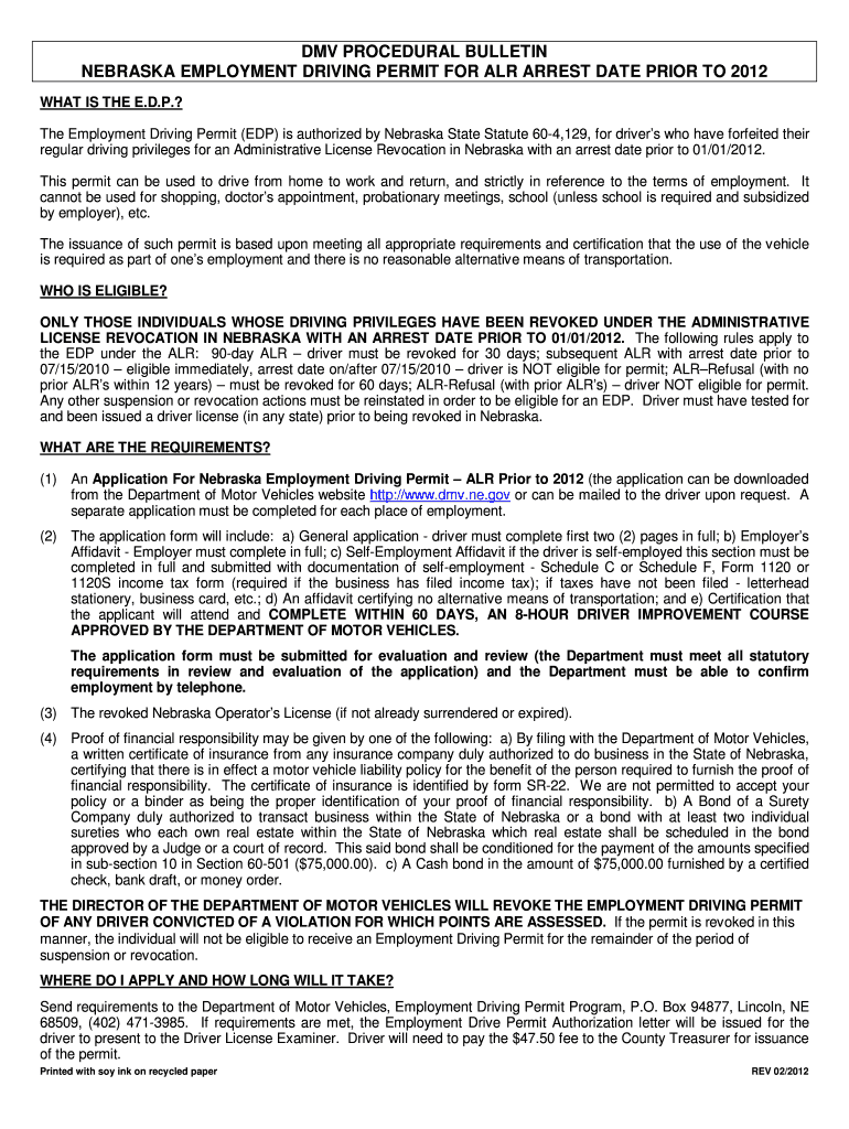 Fillable Online dmv ne Dmv procedural bulletin nebraska employment