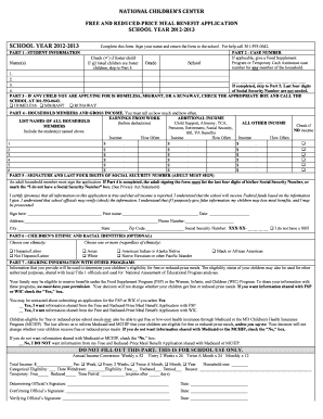 National Children's Center Free and Reduced-Price Meal Benefit Application