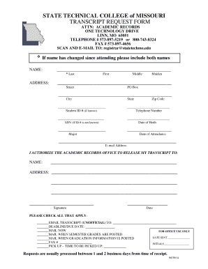 State Technical College of Missouri Transcript Request Form