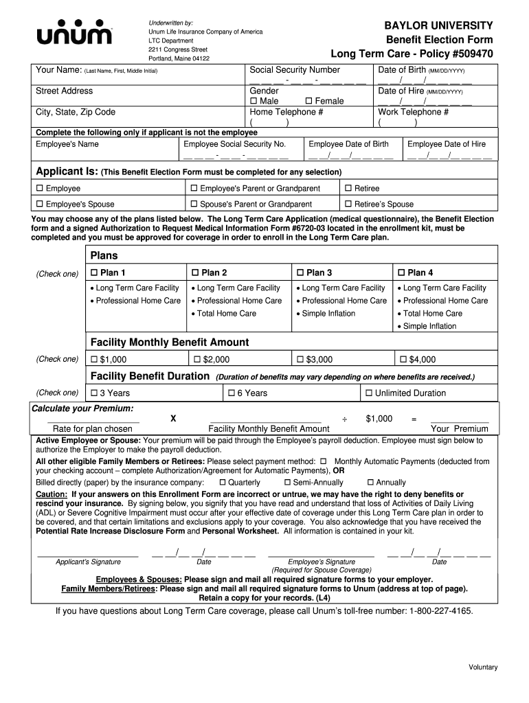 BAYLOR UNIVERSITY Benefit Election Form Long Term Care - Unum Preview on Page 1