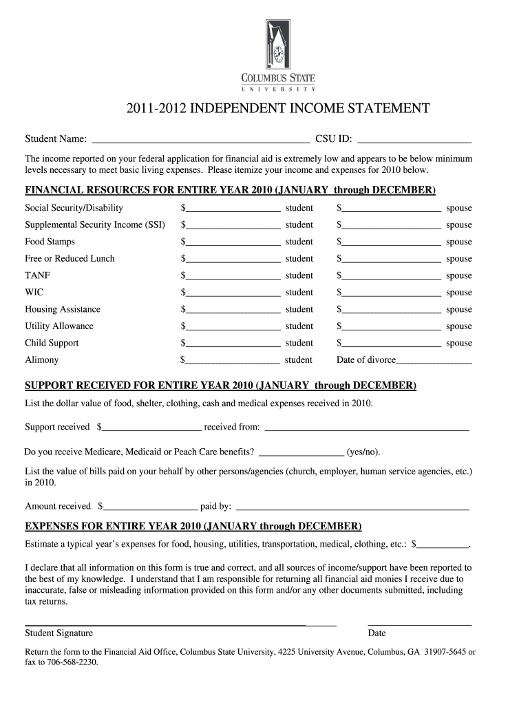 2011-2012 INDEPENDENT INCOME STATEMENT - Financial Aid Preview on Page 1