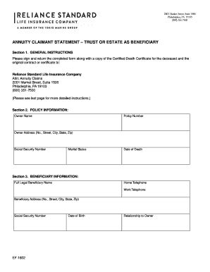 Annuity Claimant Statement – Trust or Estate as Beneficiary