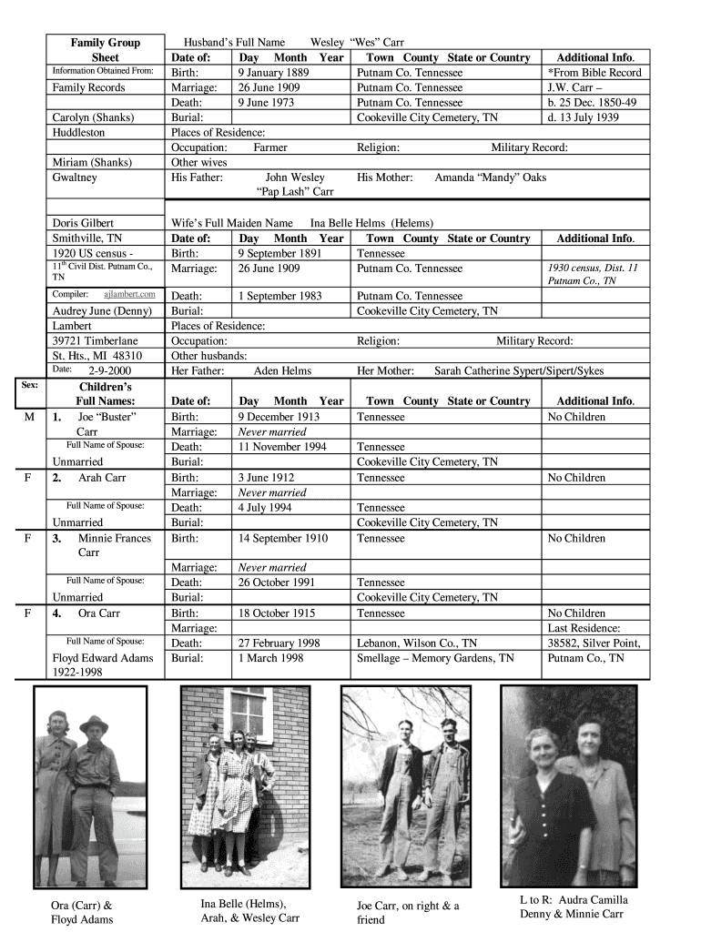 Family Group Husband's Full Name Wesley Wes Carr Sheet Date Preview on Page 1