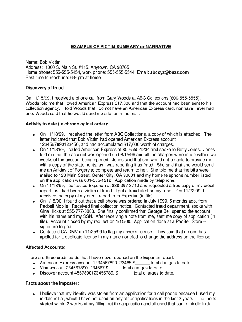 Example of Victim Summary or Narrative - Identity Theft Resource - idtheftcenter Preview on Page 1