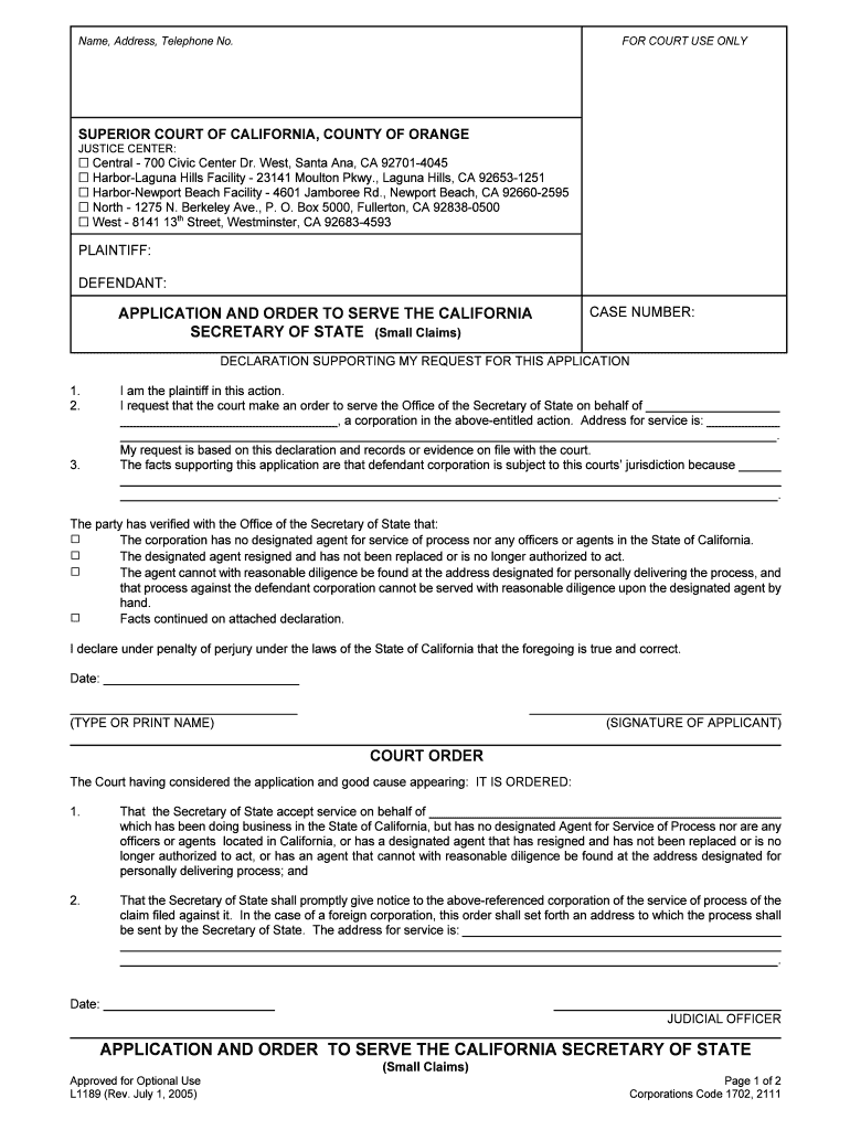 FOR COURT USE ONLY SUPERIOR COURT OF CALIFORNIA, COUNTY OF ORANGE JUSTICE CENTER: G Central - 700 Ci Preview on Page 1