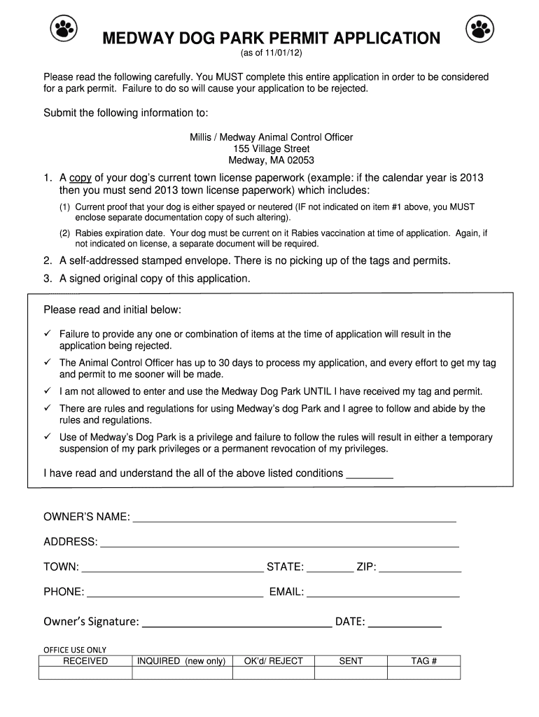 Fillable Online townofmedway Garnsey Dog Park Permit Fax Email Print
