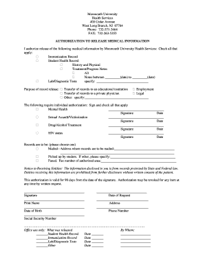 Authorization to Release Medical Information - Monmouth University - monmouth