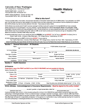 UMW Health History, Immunizations and TB Screening Form