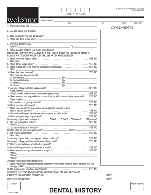 Wisconsin Dental History Form
