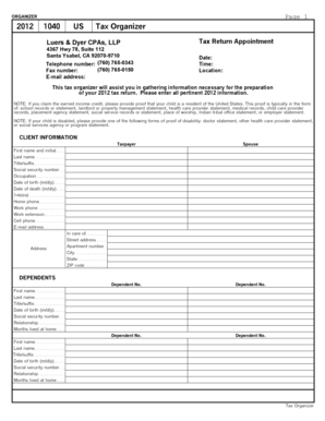 2012 1040 US Tax Organizer