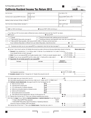 California Resident Income Tax Return 2012 Form 540A