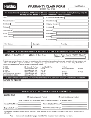 haldex warranty claim form l90005