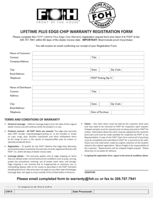 Lifetime plus edge-chip warranty registration form - Front of the House