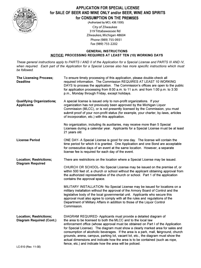 Fillable Online zilwaukeemichigan Application For Special License For