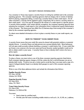 Texas Security Freeze Request Form