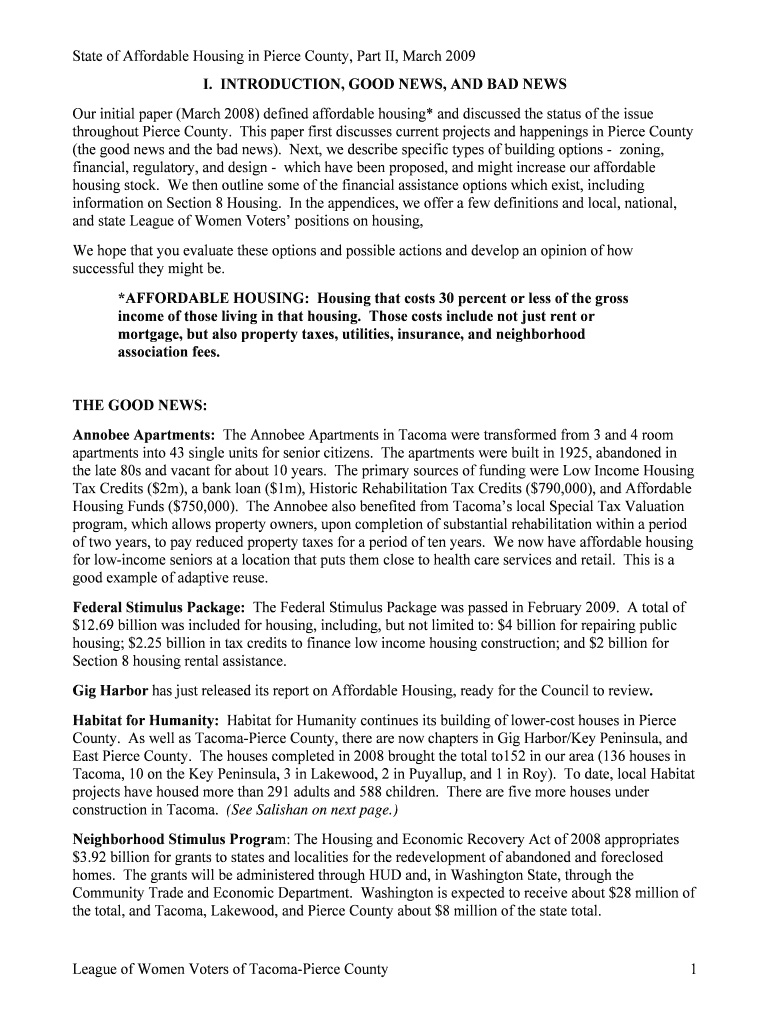Fillable Online State of Affordable Housing in Pierce County, Part II