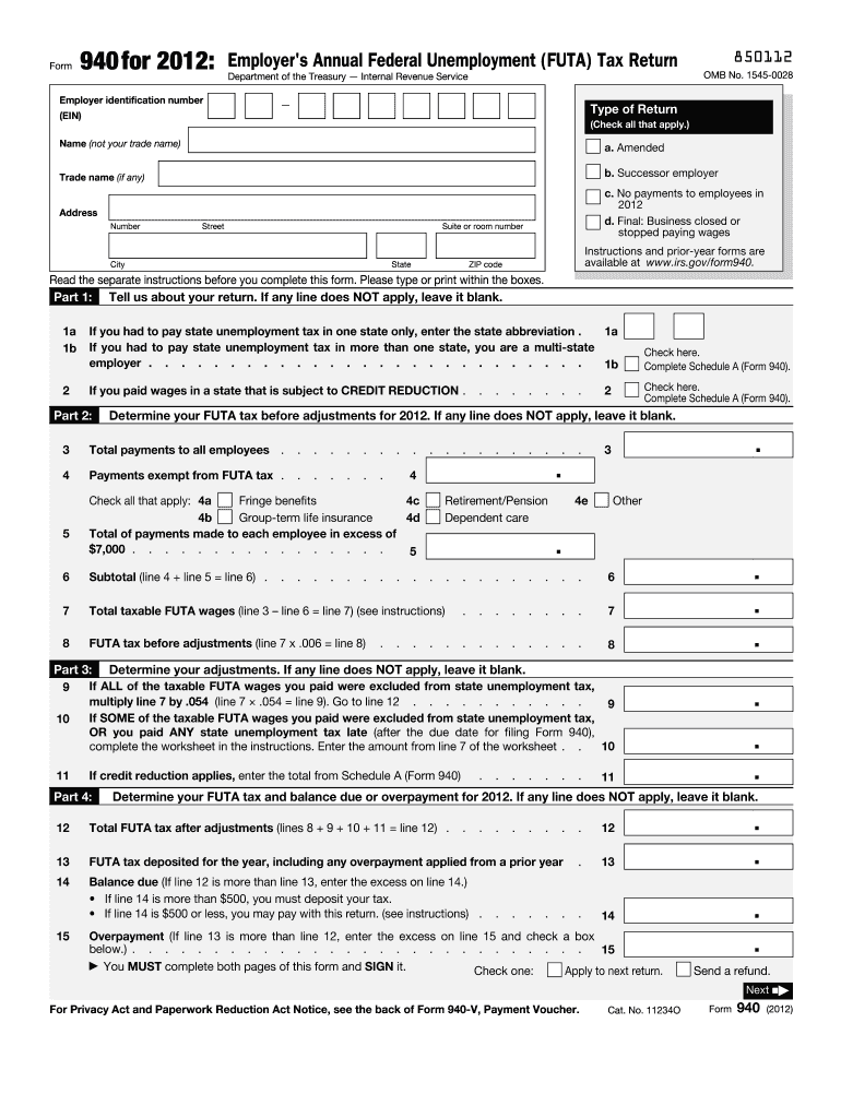 2012 irs form 940 Preview on Page 1