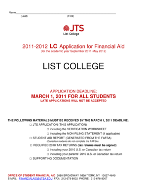2011-2012 List College Financial Aid Application