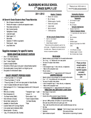 Blacksburg middle school 7th grade shopping list form
