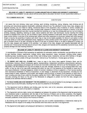 Climber's Rock Waiver and Indemnity Agreement