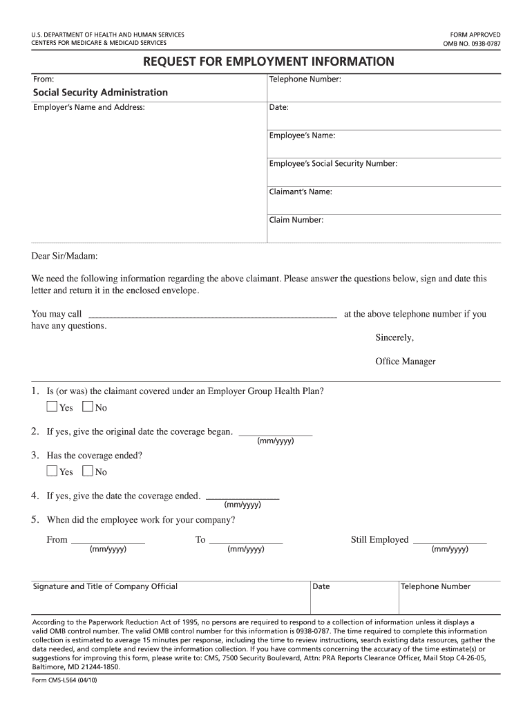 Form Cms L564 Request For Employment Information 2010 Fill Out Sign 