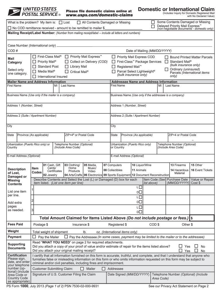 usps claim form Preview on Page 1.