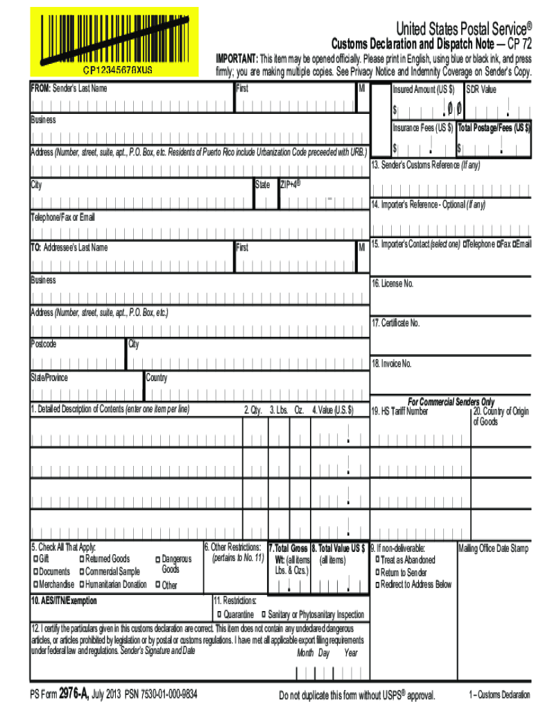 2013 2019 Form USPS PS 2976 A Fill Online Printable Fillable Blank