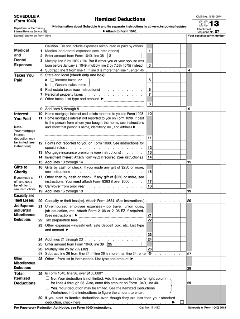 IRS 1040 Schedule A 2013 Fill and Sign Printable Template Online