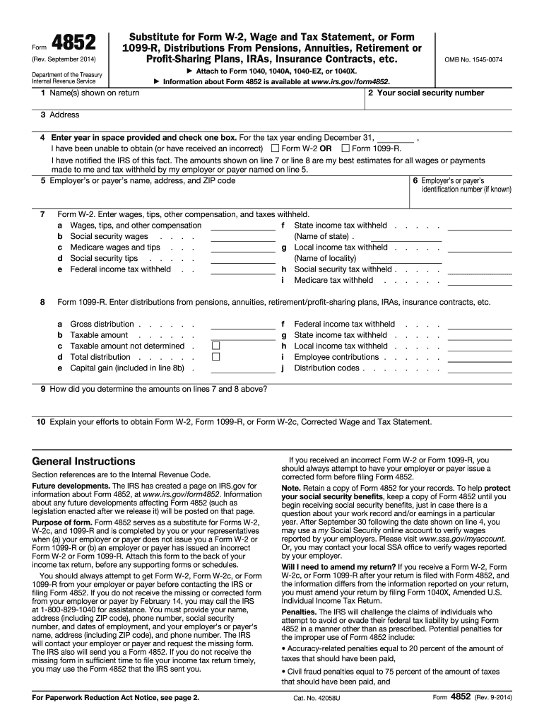 About Form 4852Internal Revenue Service - IRS Preview on Page 1