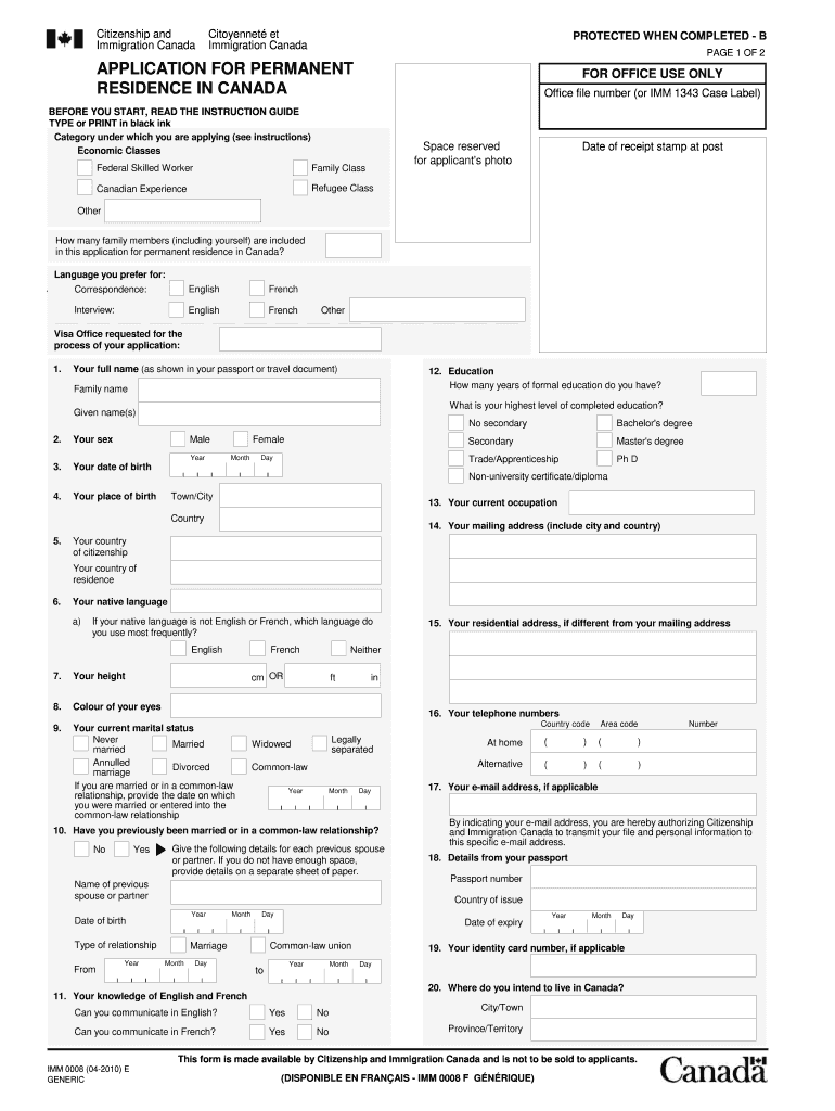 Canada IMM 0008 2010 Fill And Sign Printable Template Online US Legal Forms