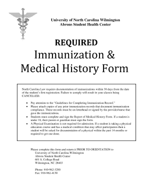 University of North Carolina Wilmington Immunization & Medical History Form