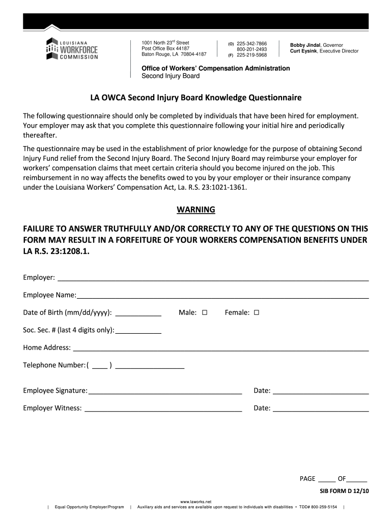 louisiana second injury fund questionnaire Preview on Page 1